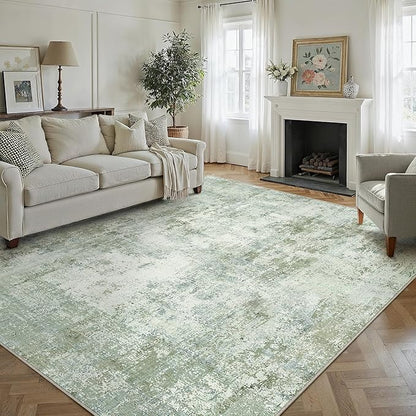 8x10 Washable Area Rug Green Modern Neutral Abstract Living Room Bedroom Indoor Floor Carpet Low Pile Soft Non-Slip Lightweight Vacuumable Large Throw Rug for Nursery Dining Room