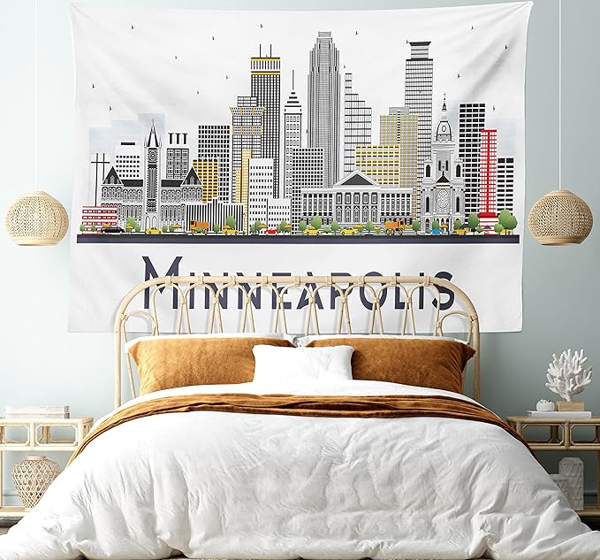 Ambesonne Minnesota Tapestry, Elevation of a Street in Minneapolis Image with High Detailed Facades, Fabric Wall Hanging Decor for Bedroom Living Room Dorm, 30" X 45", White Grey