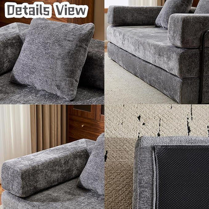 Convertible Sofa Bed, Compression Futon Sofa with Pillows & Armrest, Foldable Mattress Couch with Fixed-Shape Frame, Comfy Couch Lounge Sleeper Bed for Living Room Bedroom, Dark Gray