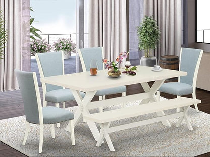 East West Furniture X027VE215-6 6 Piece Dinette Set Contains a Rectangle Dining Table with X-Legs and 4 Baby Blue Linen Fabric Parson Chairs with a Bench, 40x72 Inch, Multi-Color