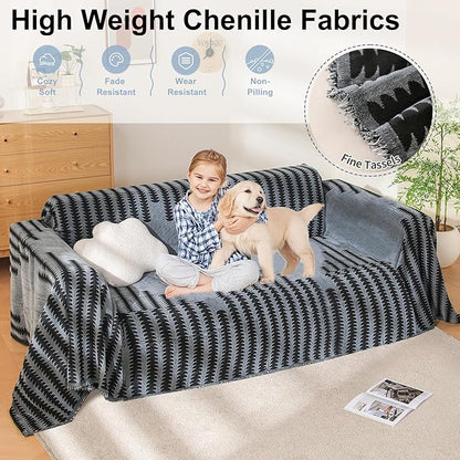 Boho Sofa Cover, Couch Covers for 3 Cushion Couch Sofa Pet Friendly, Sofa Cover Washable, Soft Chenille Living Room Couch Covers Slipcover, Pet Furniture Protecto (2# Dark Grey, 71" x 134")