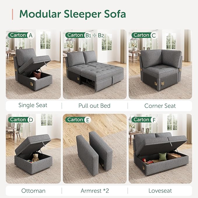 HONBAY Modular Sectional Sleeper Sofa with Pull Out Bed, Corner Seat for Sectional Couch, Grey