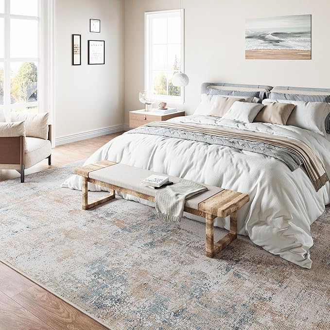 9x12 Washable Area Rug Beige Blue Neutral Abstract Living Room Bedroom Large Throw Rug Non Slip Soft Low Pile Indoor Floor Carpet for Dining Room Kitchen Office Entryway