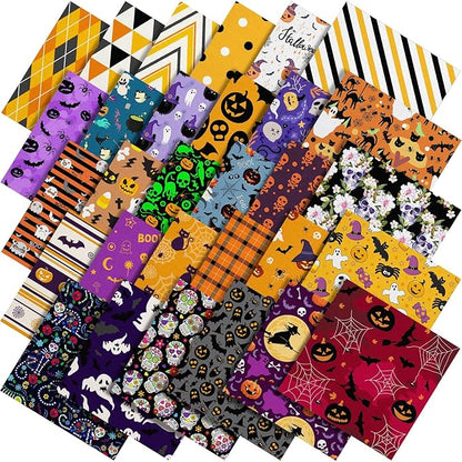 60 Pcs 10 x 10 Inch Halloween Fabric Polyester Fabric Bundle Fat Quarters Bat Pumpkin Ghost Skull Print Squares Holiday Quilting for DIY Decorations Sewing Craft, 30 Styles (Ghost)