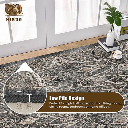 Washable Area Rug 6' x 9' Vintage Traditional Persian Mat - Foldable Distressed Non-Slip Machine Washable Carpet for Living Room Bedroom Kitchen Home Decor - Ebony and Taupe