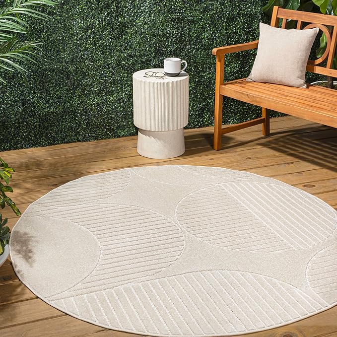 JONATHAN Y Nordby High-Low Arch Striped Ivory/Cream 7' Round Indoor/Outdoor Area Rug, Pet Friendly, Non-Shedding, Stain Resistant, Easy-Cleaning for Backyard, Patio, (SCN104B-7R)
