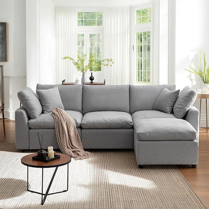 104.3 Inch L-Shaped Modular Sectional Sofa with Reversible Chaise and Pillows, Down Filled Upholstered Convertible Corner Couch for Living Room, Bedroom, Office, Apartment, Light Gray