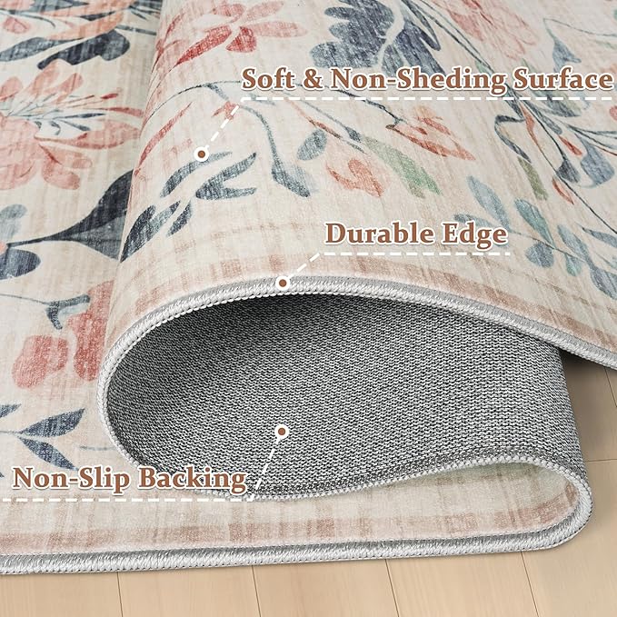 5x7 Area Rugs Washable Rug: Lagre Boho Living Room Rug Soft Non-Slip Thin Carpet Indoor Floor Non-Shedding Neutral Floral Carpets for Bedroom Dining Room Farmhouse Nursery Multi