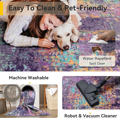 Washable Area Rugs Square 8ft Non-Slip Modern Abstract Soft for Living Room Entryway Bedroom Nursery, Print Pattern, Purple Orange Blue Green Rust Red Colorful