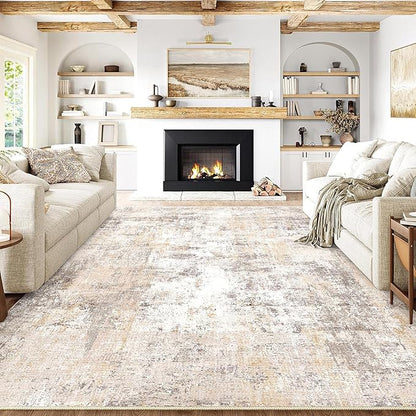 10x14 Washable Area Rug Beige Grey Neutral Abstract Living Room Bedroom Large Throw Rug Non Slip Soft Low Pile Indoor Floor Carpet for Dining Room Kitchen Office Entryway