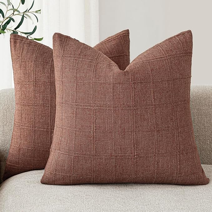Foindtower Set of 2 Decorative Linen Check Throw Pillow Covers Neutral Farmhouse Vintage Cushion Covers Modern Boho Home Decor for Sofa Chair Couch Bedroom Living Room Outdoor,22×22 Inch,Autumnal Red