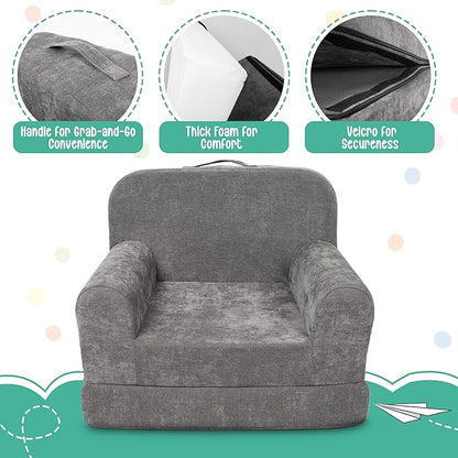 ParkaLounger Children's Sofa 2-in-1 Convertible Chair & Sleeper - Durable Foam Keeps Its Shape - Lightweight, Portable with Handle - Soft, Sturdy & Cozy Seat for Lounging & Play, Gray, Medium