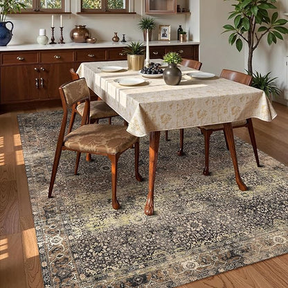 Washable Area Rug 6' x 9' Vintage Traditional Persian Mat - Foldable Distressed Non-Slip Machine Washable Carpet for Living Room Bedroom Kitchen Home Decor - Umber and Slate