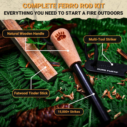 Ferro Rod Fire Starter Kit with Fatwood Tinder Stick - 3/8" Thick Ferrocerium Flint and Steel Fire Starter, Multi-Tool Striker & Pouch - Survival Fire Steel for Camping, Bushcraft & Emergency