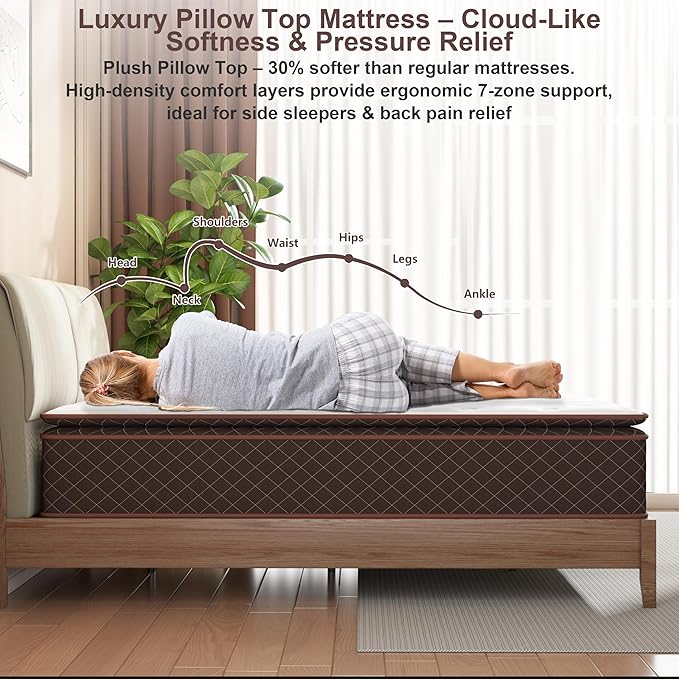 Queen Mattress, 12 Inch Pillow Top Queen Size Mattress – Plush Comfort with Pocketed Coils & Pressure Relief – Ideal for Side Sleepers, Motion Isolation & Back Pain Relief,Medium Firm