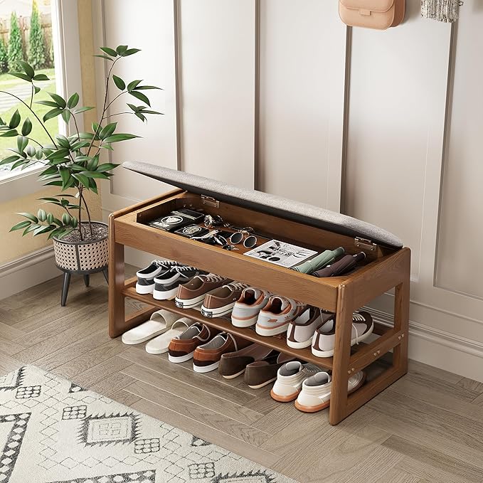 Shoe Rack Bench with Cotton-Linen Cushion 2-Tier Wooden Storage Bench 550lbs Compact Simple & Modern Design for Entryway, Hallway, Bedroom, Living Room, Closet, Front Door Entrance, Foyer