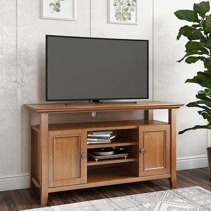 SIMPLIHOME Amherst 54-inch Wide Solid Wood TV Stand in Light Golden Brown, Transitional-Style Media Console for Living Room with Adjustable Shelves and Cable Management