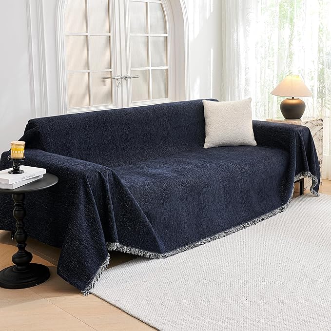 MYSKY HOME Couch Cover for Dogs Washable Couch Covers for 3 Cushion Couch Sofa Super Soft Sofa Slipcover Non Slip Sofa Cover, Chenille Sofa Covers for Dogs, Furniture Protector, 91"x134", Navy Blue