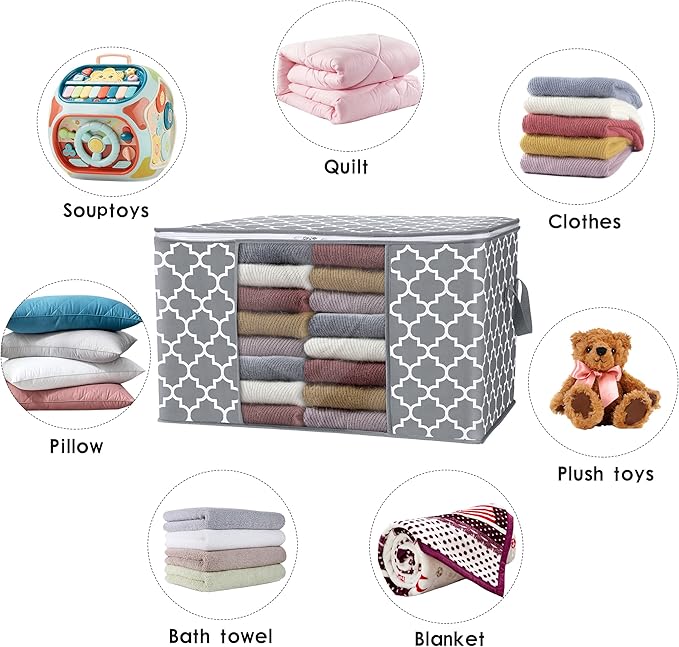 WISELIFE Storage Bags 100L 8-Pack Large Blanket Clothes Organization and Storage Containers for Bedding, Comforters, Foldable Organizer with Reinforced Handle, Clear Window, Sturdy Zippers, Light Grey