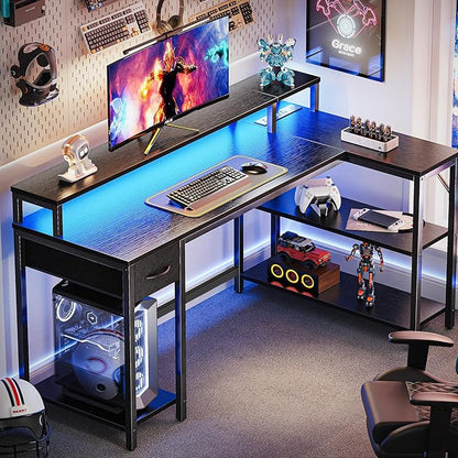 SUPERJARE 53 inch Reversible L Shaped Desk with LED Lights & Power Outlets, Computer Desk with Shelves & Monitor Stand, Gaming Desk with Drawer, Home Office Desk Corner Desk, Black