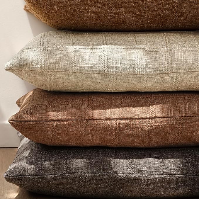 Foindtower Set of 2 Decorative Linen Check Throw Pillow Covers Neutral Farmhouse Vintage Cushion Covers Modern Boho Home Decor for Sofa Chair Couch Bedroom Living Room Outdoor,20×20 Inch,Autumnal Red