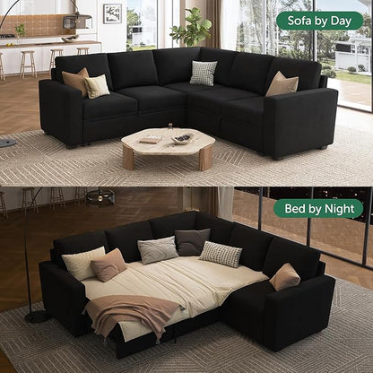 HONBAY Sectional Sleeper Sofa with Pull Out Bed, Velvet L Shaped Couch with Storage Seat, Modular Sectional Couches for Living Room, Black