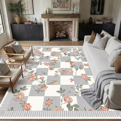 HUGEAR 8x10 Checkered Area Rugs Machine Washable Grey Large Living Room Rug Floral Print Non-Slip Stain Resistant Low Pile Indoor Throw Carpet for Bedroom Home Unique Aesthetic Modern Decor