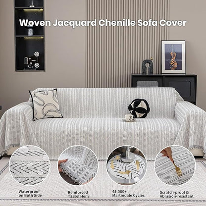 Nobildonna Sofa Cover Washable Soft Thicken Chenille Couch Cover with Tassel,Waterproof Sofa Slipcover for 2-3 Cushion Couch,Sectional Sofa,L-Shaped Furniture Protector Pet-Friendly,Beige 91"x118"