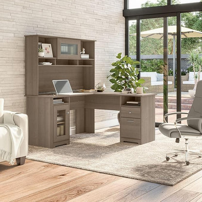 Bush Furniture Cabot L Shaped Desk with Hutch | Corner Desk with Storage for Home Office in Ash Gray | 60W L Shaped Computer Desk