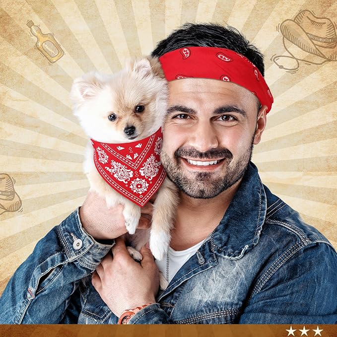 Cat Dog Bandana Collar & Owner Matching Paisley Pattern Bandana Women Headband Square Scarf Headwear Puppy Scarf for Small Dog Adjustable Cat Collar Triangle Neckerchief Handkerchief(Red)