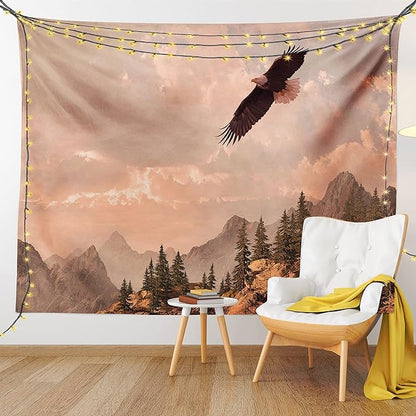Ambesonne Eagle Tapestry King Size, Nature Photography of Rocky Mountains and Forest a Bird Flying over It, Wall Hanging Bedspread Bed Cover Wall Decor, 104" X 88", Rose Green
