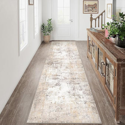 3x12 Washable Runner Rug Beige Grey Neutral Abstract Hallway Kitchen Living Room Bedroom Non Slip Throw Rug Soft Low Pile Indoor Carpet for Entrance Laundry Bathroom