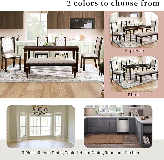 Merax 6-Piece Kitchen Dining Table Set, 62.7" Rectangular with 4 High-Back Tufted Chairs & 1 Bench for Kitchen Room, Espresso