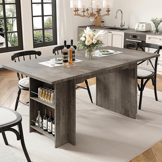 Garvee 63 Inch Dining Table for 2-4, Farmhouse Rectangular Kitchen Table with Waterproof Wood Tabletop, Heavy Duty Legs & 2-Tier Storage Shelves for Kitchen, Dining Room, Grey