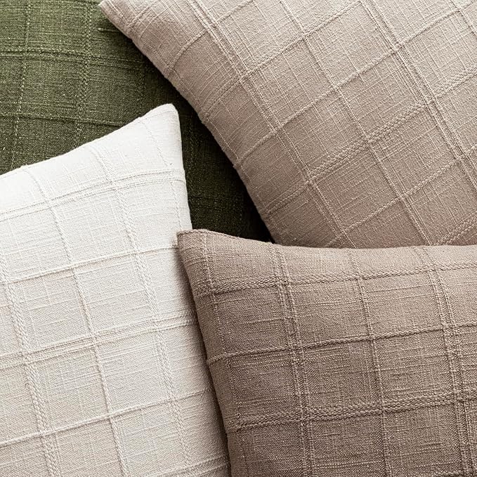 Foindtower Set of 2 Decorative Linen Check Throw Pillow Covers Neutral Farmhouse Vintage Cushion Covers Modern Boho Home Decor for Sofa Chair Couch Bedroom Living Room Outdoor,16×16 Inch,Tan Taupe