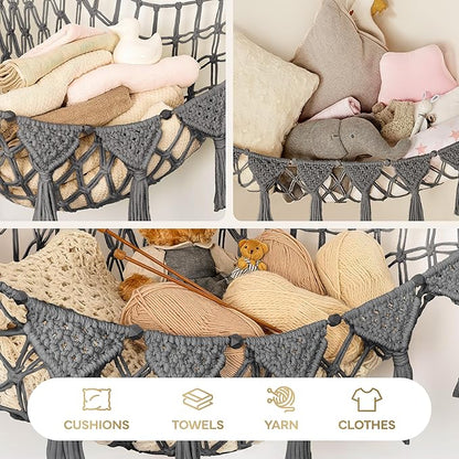 Macrame DreamLights Boho Stuffed Animal Storage Net or hammock Extra Large for Small or large Plushies. Plush Gray Toy Storage Holder