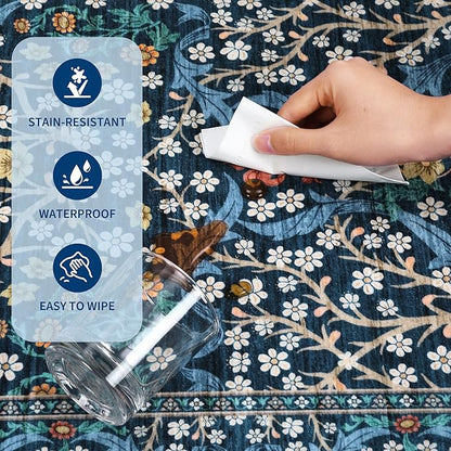 GarveeHome Dark Blue Floral 4 ft Round Rug Washable Non-Slip Soft Low Pile Small Circle Carpet Vintage Rugs for Kitchen Bedroom Nursery Dining Living Room