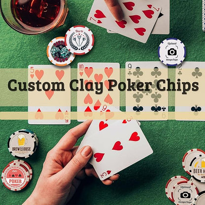 Custom Clay Poker Chips, 11.5Gram Personalized Poker Chips with Full Color Logo,Casino-Grade Monte Carlo Style Chips, Event Tokens for Texas Hold’em, Blackjack, Card Nights, Pack of 50