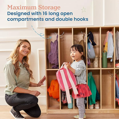 ECR4Kids 16-Section Coat Locker, Classroom Furniture, Natural