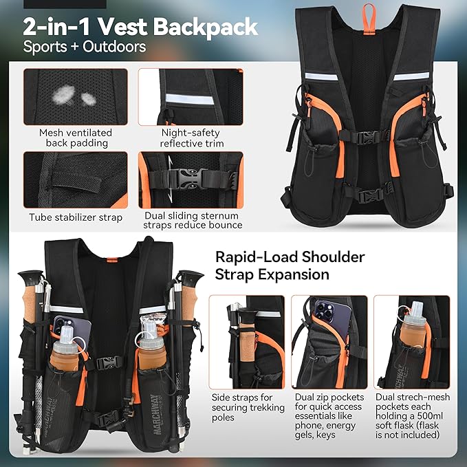 MARCHWAY Lightweight Hydration Backpack with Vest Style Straps & 2.5L TPU Water Bladder, Versatile Sleek Multi-Pocket Pack for Hiking, Cycling, Running, Backpacking, Travel