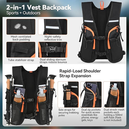 MARCHWAY Lightweight Hydration Backpack with Vest Style Straps & 2.5L TPU Water Bladder, Versatile Sleek Multi-Pocket Pack for Hiking, Cycling, Running, Backpacking, Travel