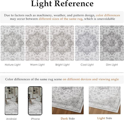 Grey Gray Area Rug 3x5 Washable Vintage Carpet for Entryway Office Soft Retro Kitchen Low Pile Thin Door Mat Non Slip Oriental Medallion Throw Rug for Bathroom Bedroom Dining Living Room