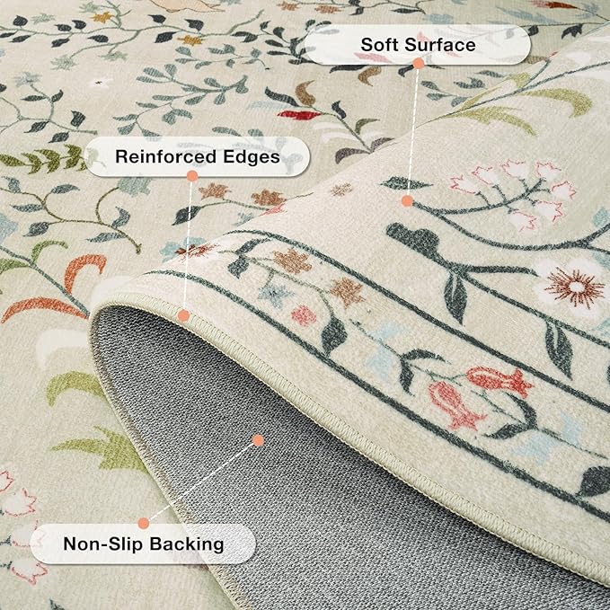 6x9 Area Rugs Washable Rug: Lagre Boho Living Room Rug Soft Non-Slip Thin Carpet Indoor Floor Non-Shedding Neutral Floral Carpets for Bedroom Dining Room Farmhouse Nursery Beige Animal
