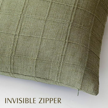 Foindtower Set of 2 Decorative Linen Check Throw Pillow Covers Neutral Farmhouse Vintage Cushion Covers Modern Boho Home Decor for Sofa Chair Couch Bedroom Living Room Outdoor,20×20 Inch,Sage Green