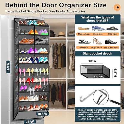 10-Tier Over the Door Shoe Organizer, 20 Pockets Holds 20-30 Pairs, Heavy-Duty Oxford Fabric with Hexagon Mesh for Boots & Sneakers-Dark Gray