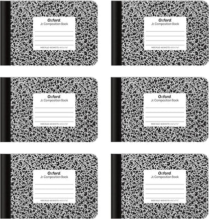 Oxford Jr. Composition Notebooks, School Supplies, Notebooks for School, Half Size, 4-7/8 x 7-1/2 Inches, Wide Ruled Paper, 80 Sheets, Kids Journal, Black Marble Covers, 6 Pack (63773)