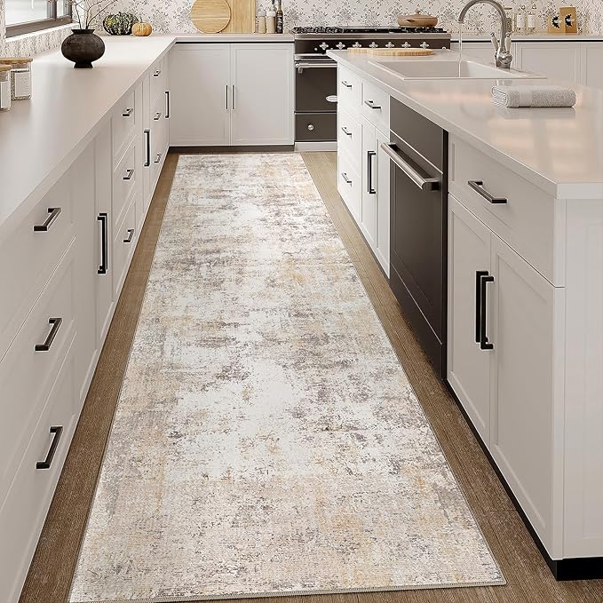 3x10 Washable Runner Rug Beige Grey Neutral Abstract Hallway Kitchen Living Room Bedroom Non Slip Throw Rug Soft Low Pile Indoor Carpet for Entrance Laundry Bathroom
