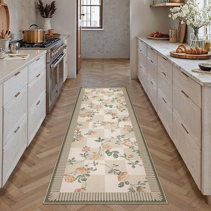 HUGEAR 2x6 Runner Checkered Rugs for Hallways Machine Washable Beige Long Carpet Floral Print Non-Slip Stain Resistant Low Pile Indoor Throw for Entrance Kitchen Bedroom Dining Laundry