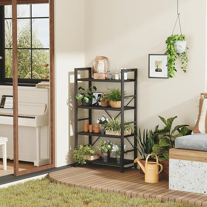 VERMESS 4 Tier Bookshelf, Tall Book Shelf, Vintage Industrial Bookcase with Open Display Shelves, Wood Storage Shelving Unit Metal Frame Standing Bookshelves for Bedroom/Home/Office, Black