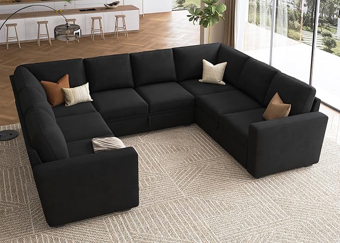 HONBAY Sleeper Sectional Couch with Pull Out Bed, Velvet Modular Sofa with Storage, U Shaped Sectional Couches for Living Room, Black